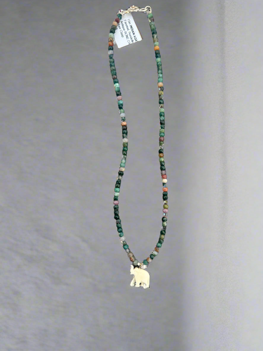 15in Indian AGATE, with Antique Bovine Bone Carving, Elephant Necklace