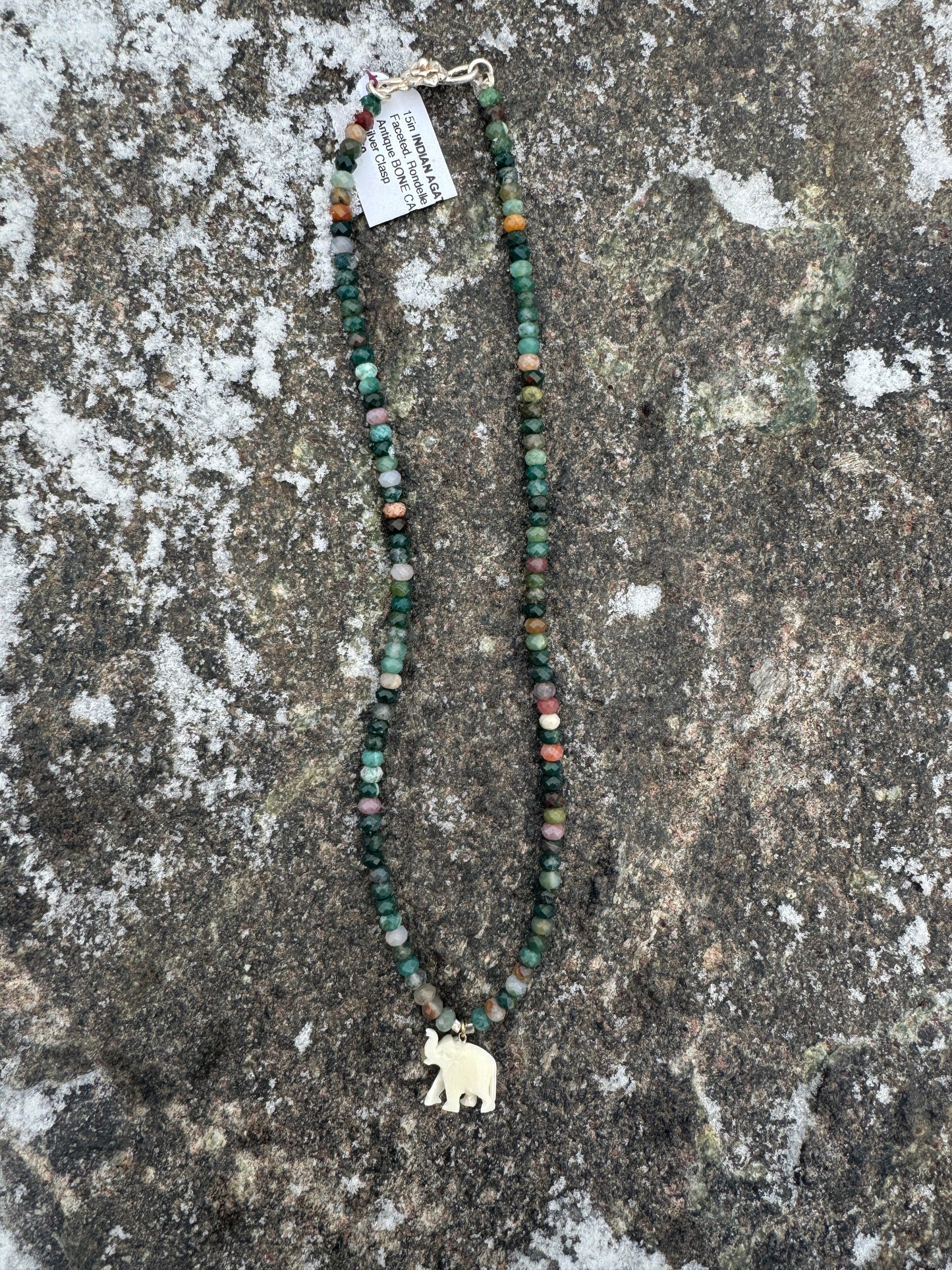15in Indian AGATE, with Antique Bovine Bone Carving, Elephant Necklace