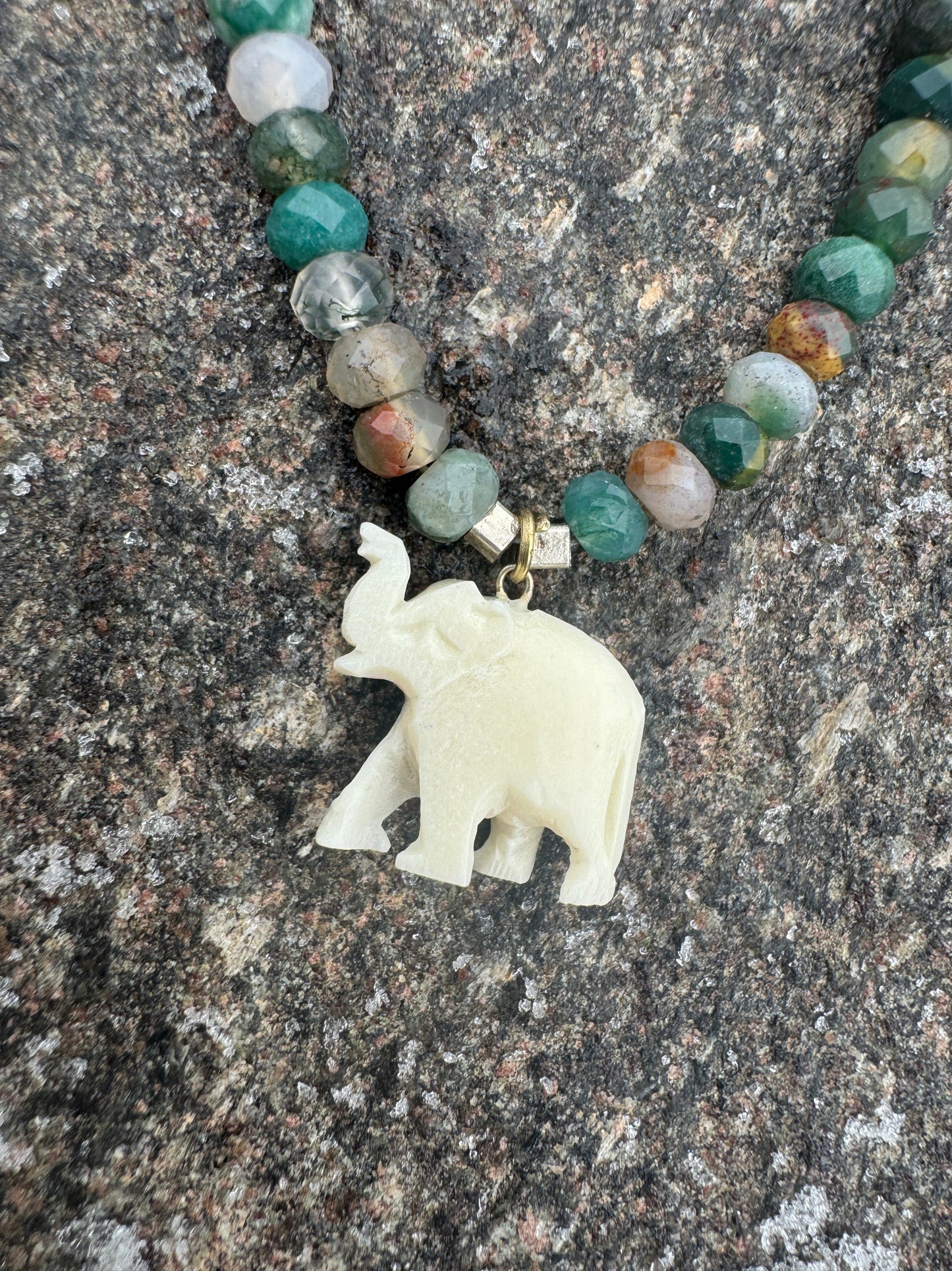 15in Indian AGATE, with Antique Bovine Bone Carving, Elephant Necklace