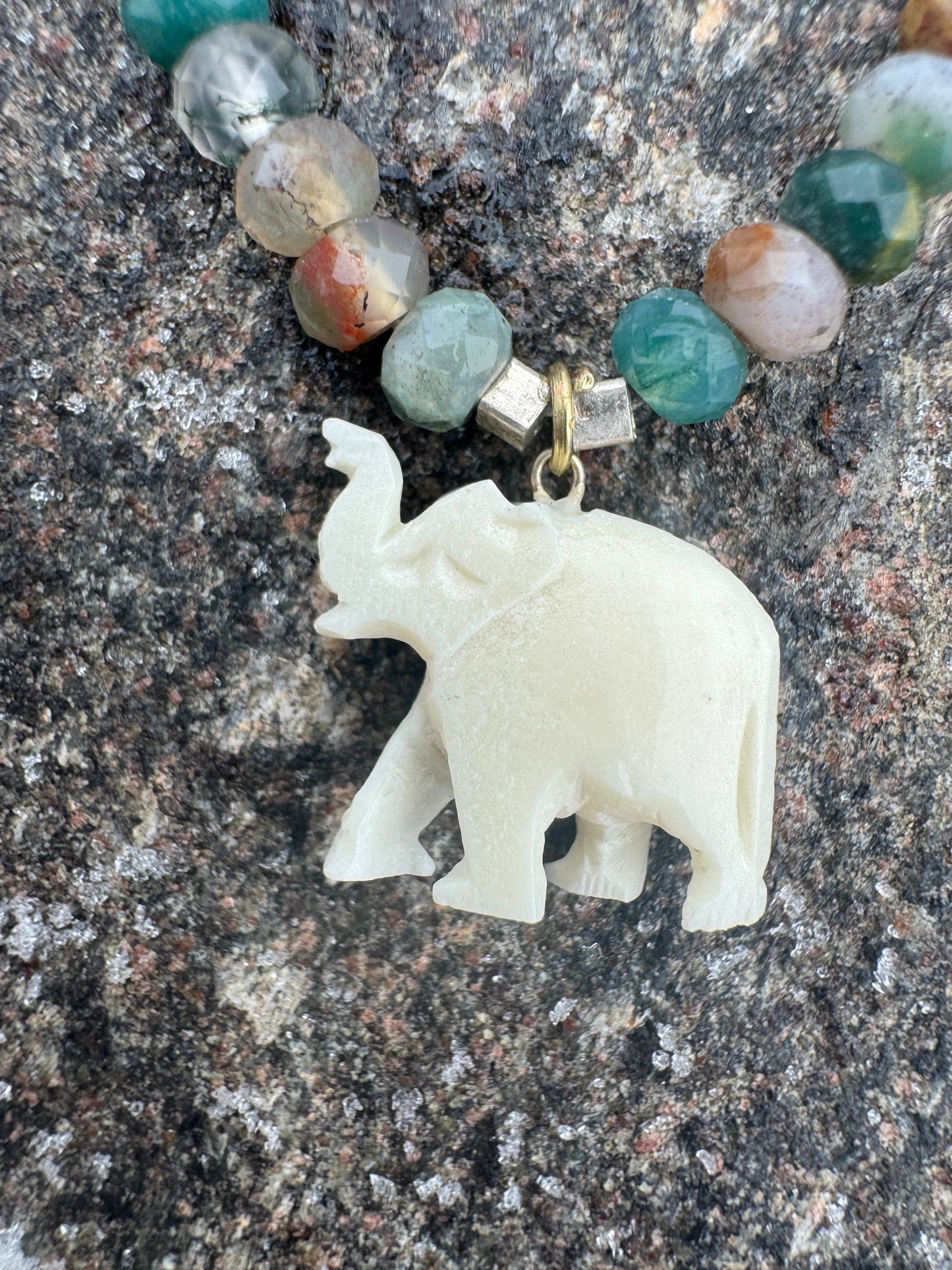15in Indian AGATE, with Antique Bovine Bone Carving, Elephant Necklace