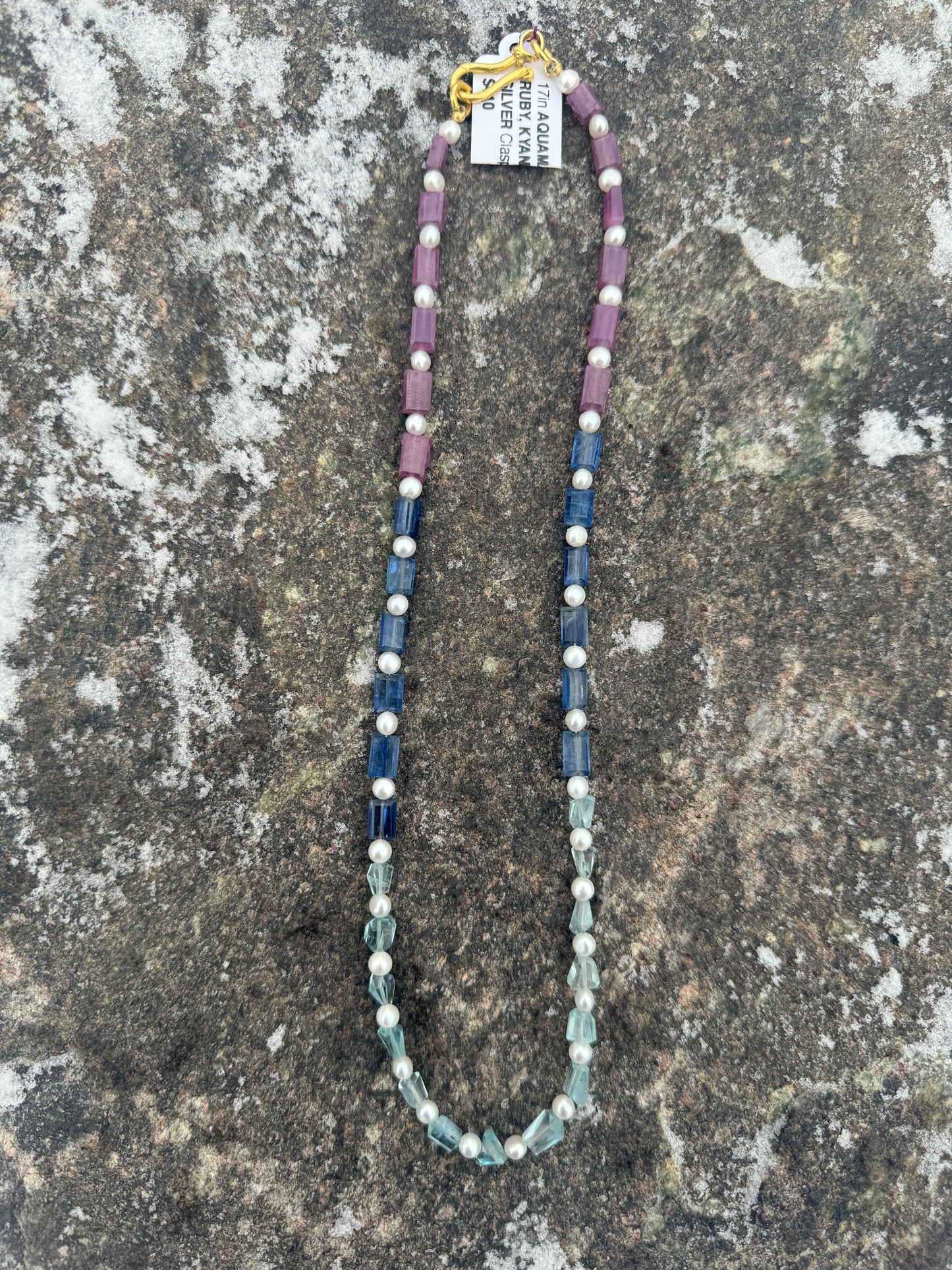 17in AQUAMARINE, RUBY, KYANITE, PEARL NECKLACE