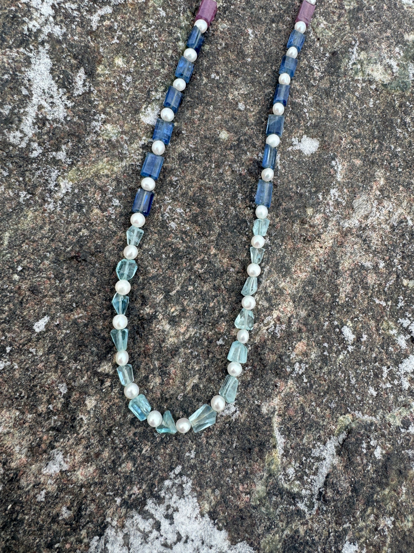17in AQUAMARINE, RUBY, KYANITE, PEARL NECKLACE