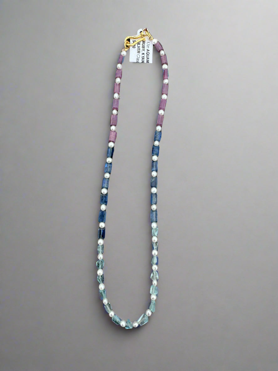 17in AQUAMARINE, RUBY, KYANITE, PEARL NECKLACE
