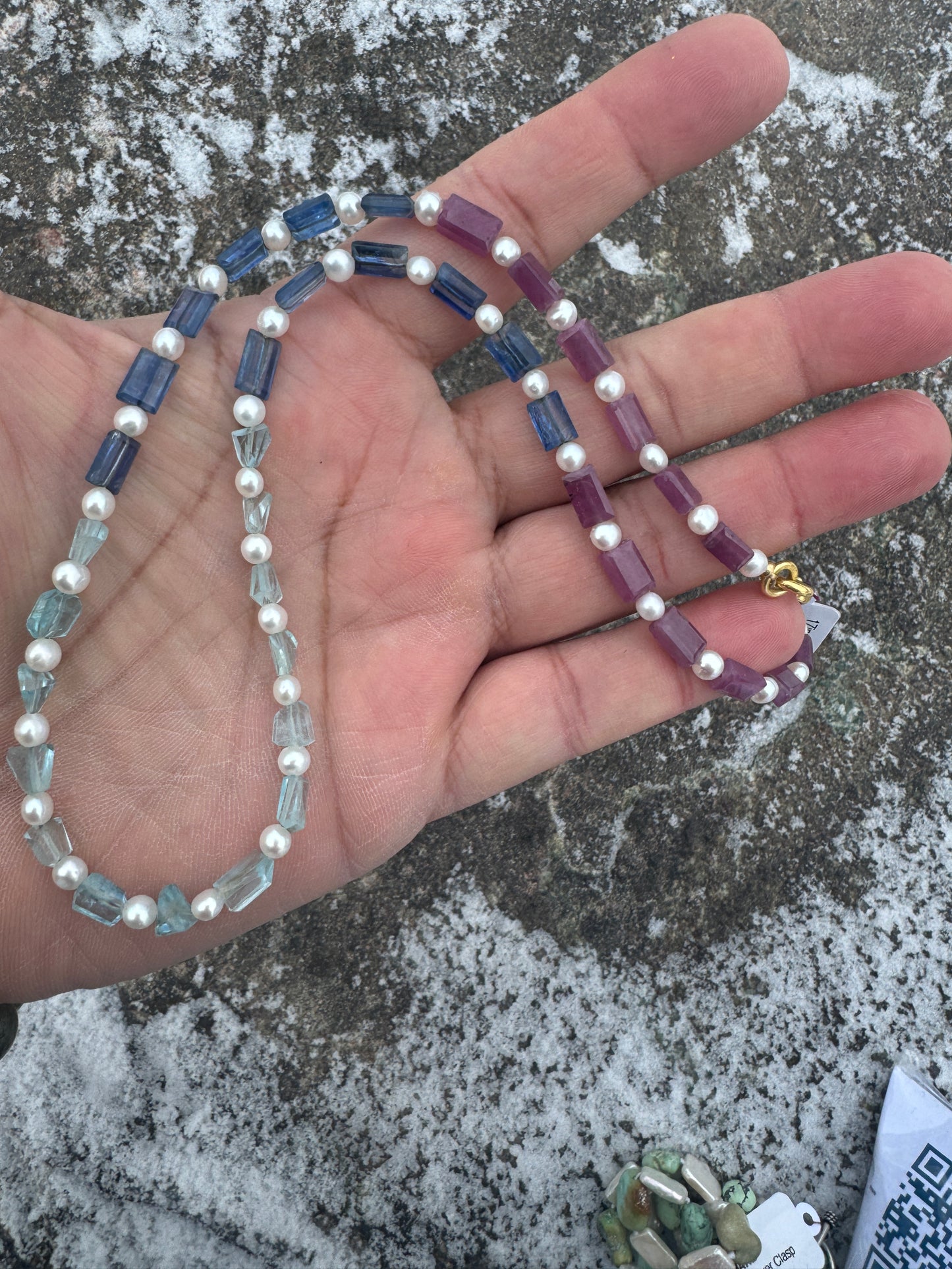 17in AQUAMARINE, RUBY, KYANITE, PEARL NECKLACE