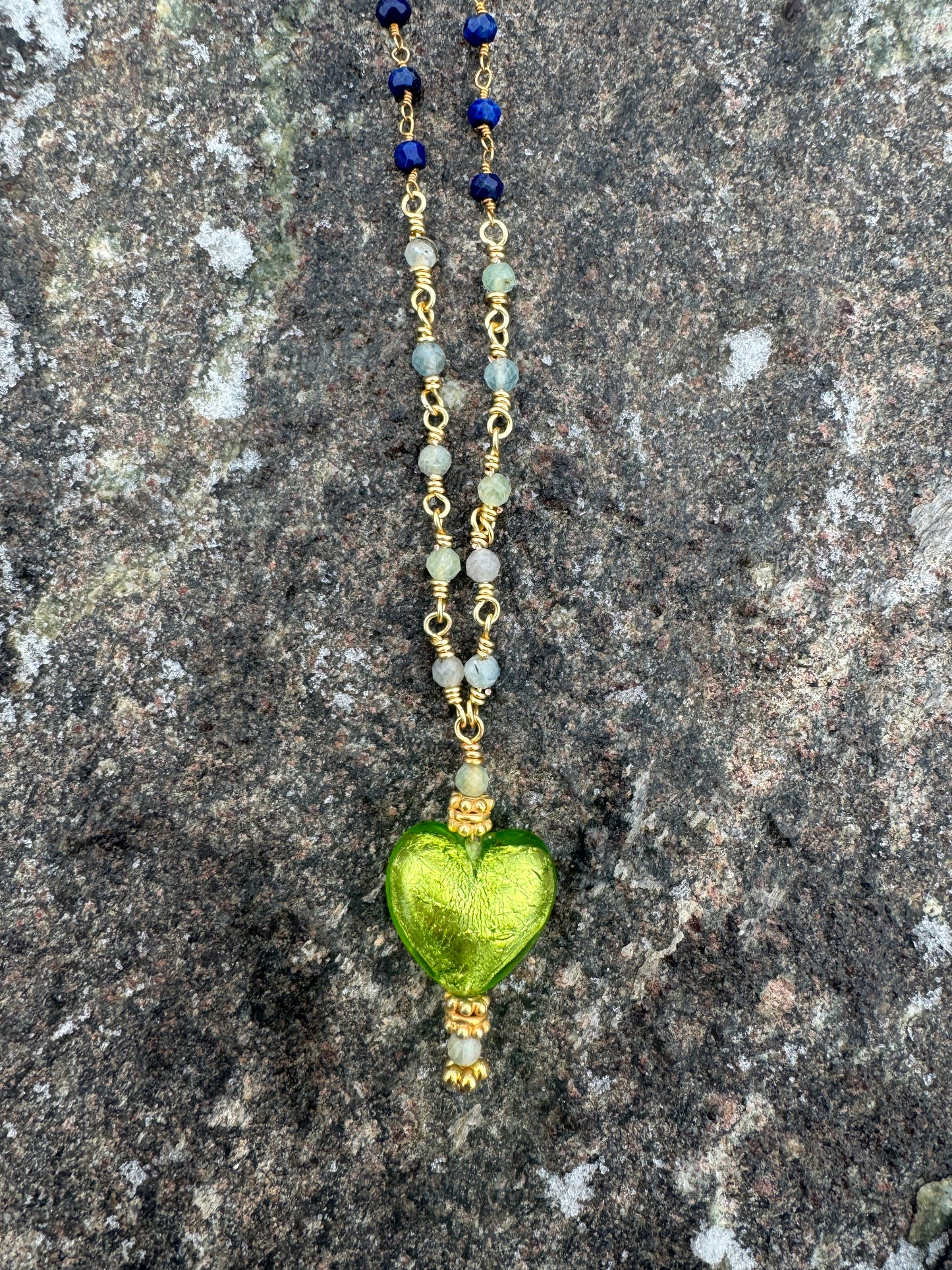 21in Lapis Lazuli, Kyanite Venetian Foil Heart Pendant