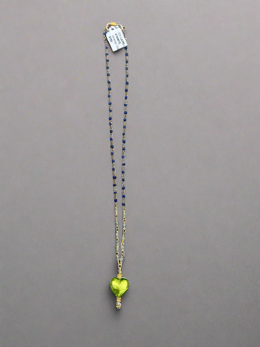 21in Lapis Lazuli, Kyanite Venetian Foil Heart Pendant