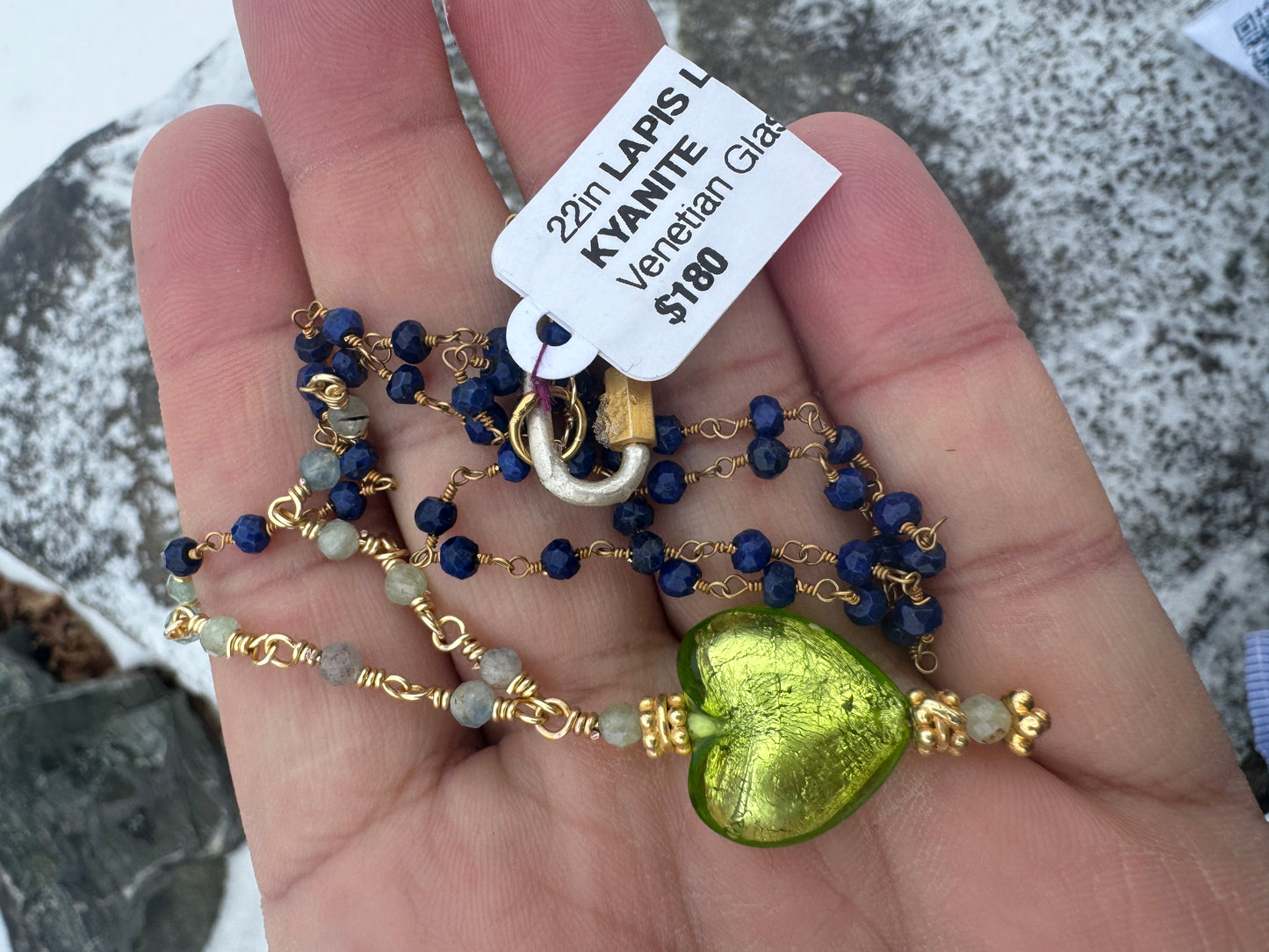 21in Lapis Lazuli, Kyanite Venetian Foil Heart Pendant