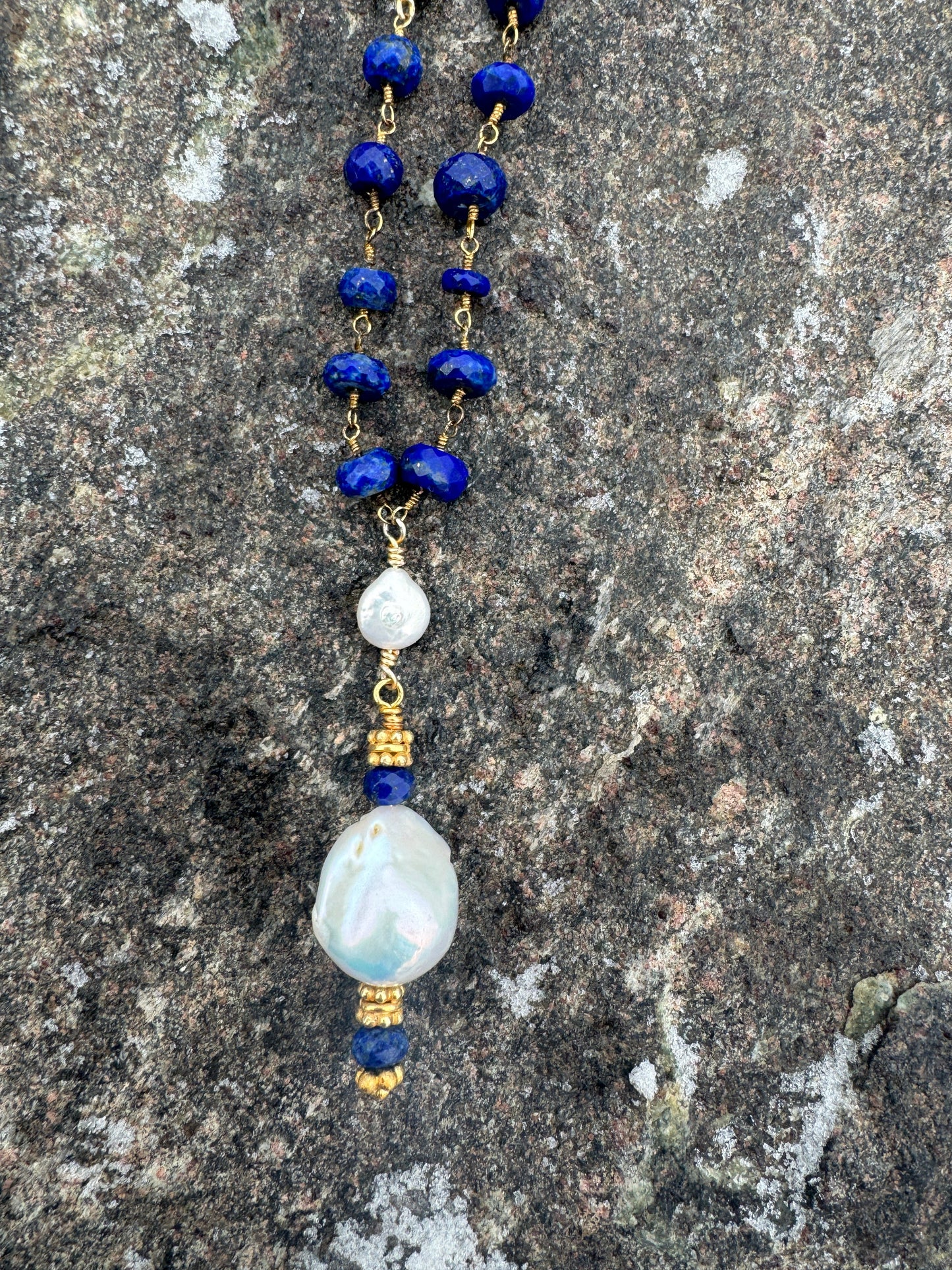 27in Lapis Lazuli Aquamarine Freshwater Pearl w Baroque Pearl