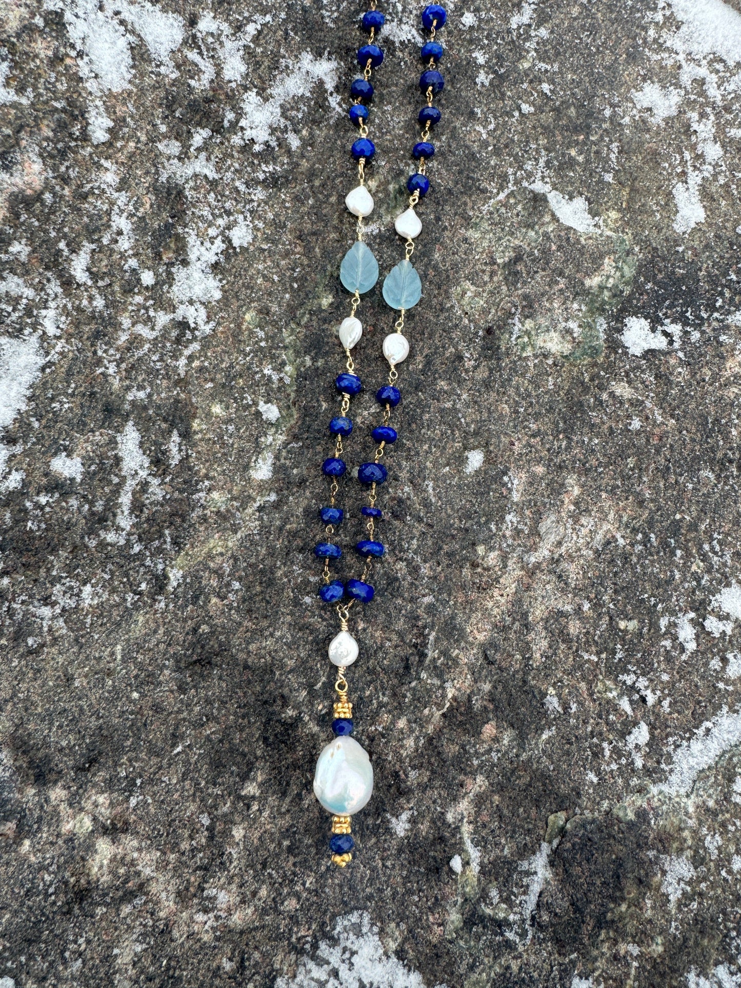 27in Lapis Lazuli Aquamarine Freshwater Pearl w Baroque Pearl