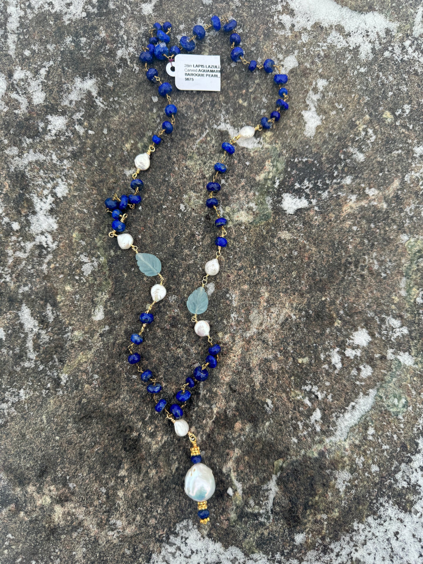 27in Lapis Lazuli Aquamarine Freshwater Pearl w Baroque Pearl