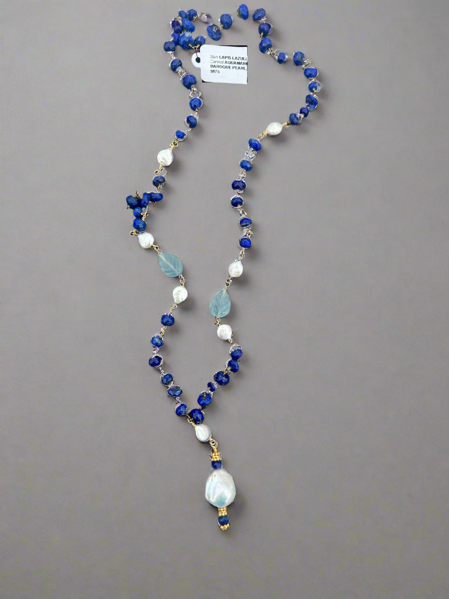 27in Lapis Lazuli Aquamarine Freshwater Pearl w Baroque Pearl