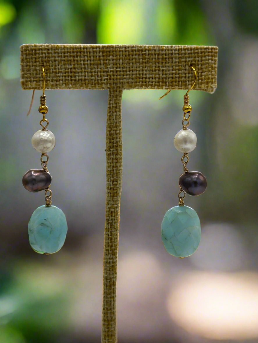 Amazonite, Tahitian, & Cultured Pearl Earrings