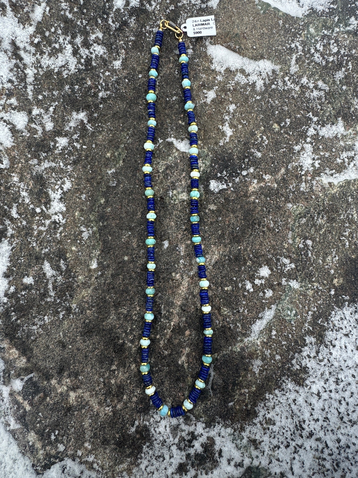 25in LAPIS LAZULI, LARIMAR, G.F. Rondelle Beads, Carabiner Clasp