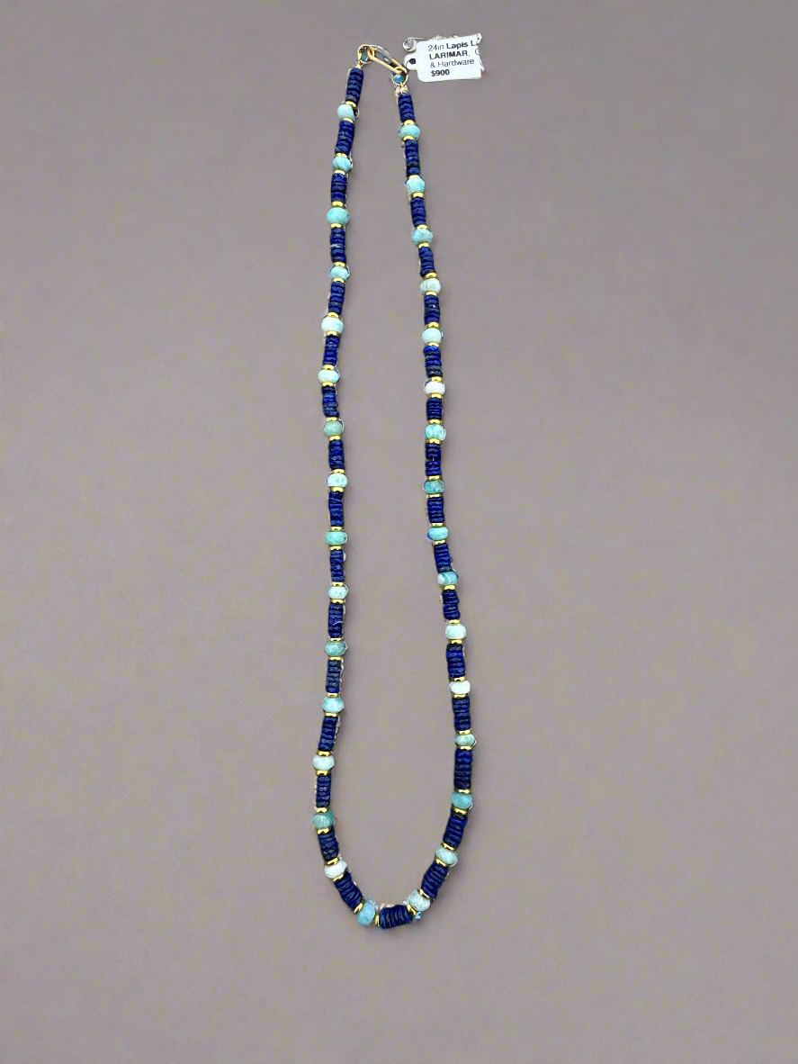 25in LAPIS LAZULI, LARIMAR, G.F. Rondelle Beads, Carabiner Clasp