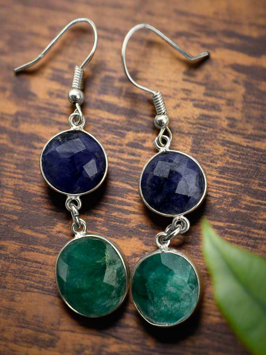 Blue Sapphire w Emerald Earrings