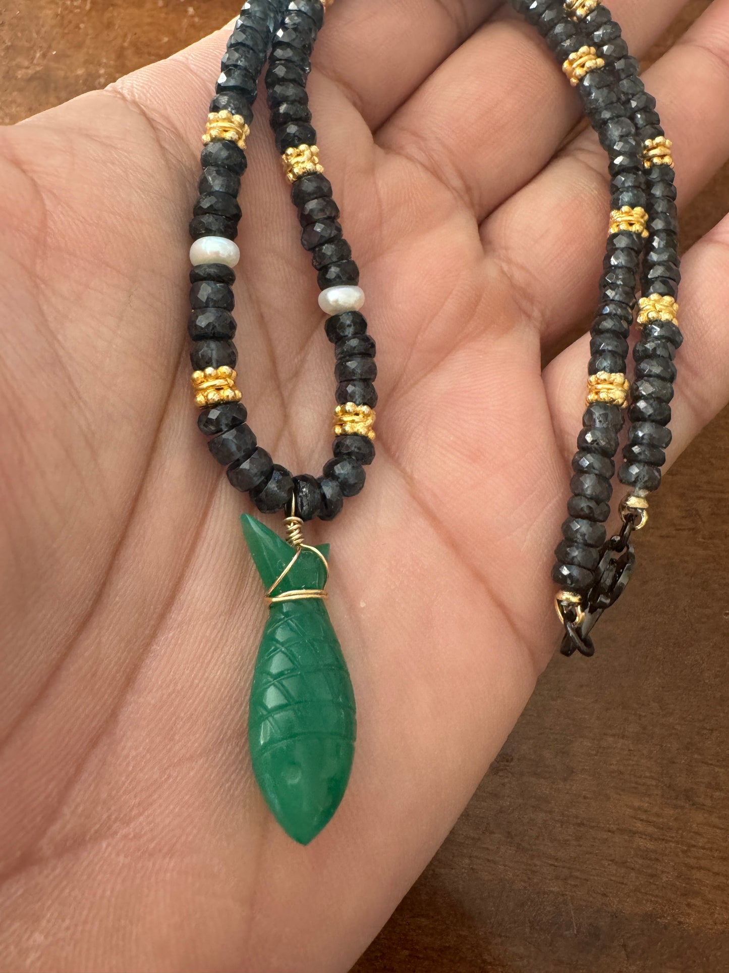 15in Indigo KYANITE & PEARL, Gold Vermeil, w Green ONYX Carved Fish Necklace