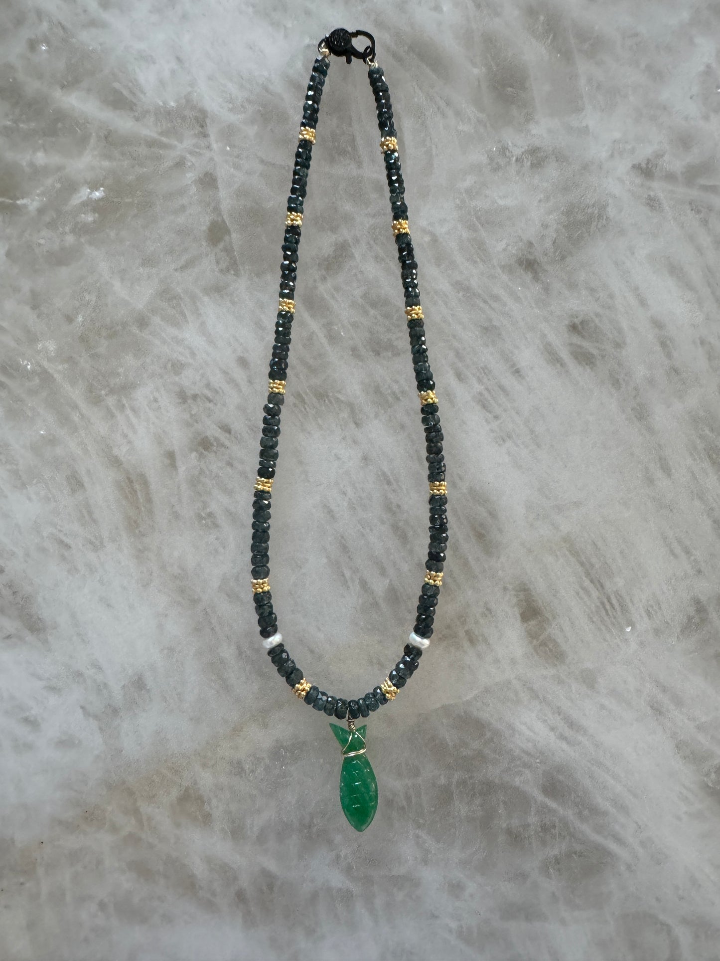 15in Indigo KYANITE & PEARL, Gold Vermeil, w Green ONYX Carved Fish Necklace