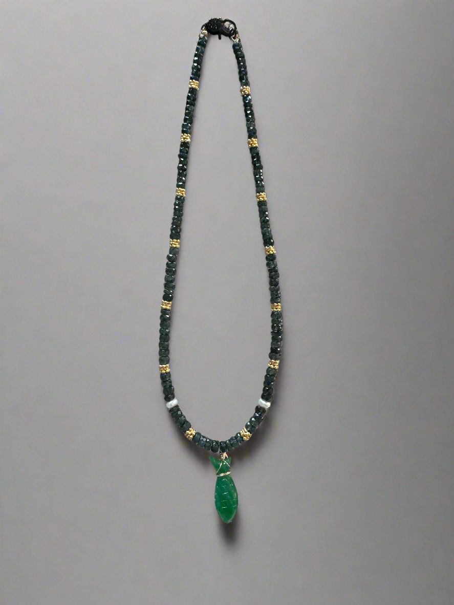 15in Indigo KYANITE & PEARL, Gold Vermeil, w Green ONYX Carved Fish Necklace