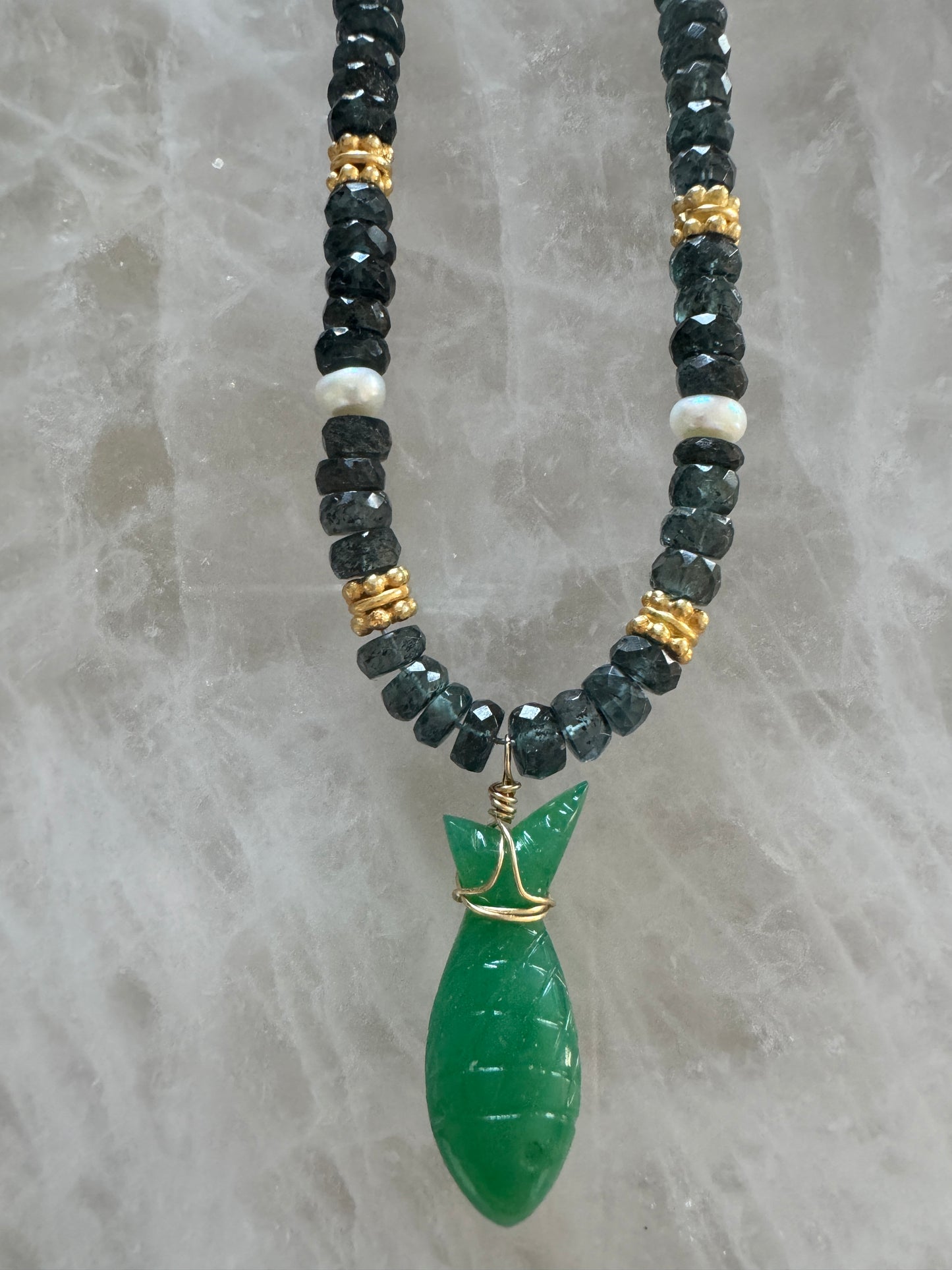 15in Indigo KYANITE & PEARL, Gold Vermeil, w Green ONYX Carved Fish Necklace