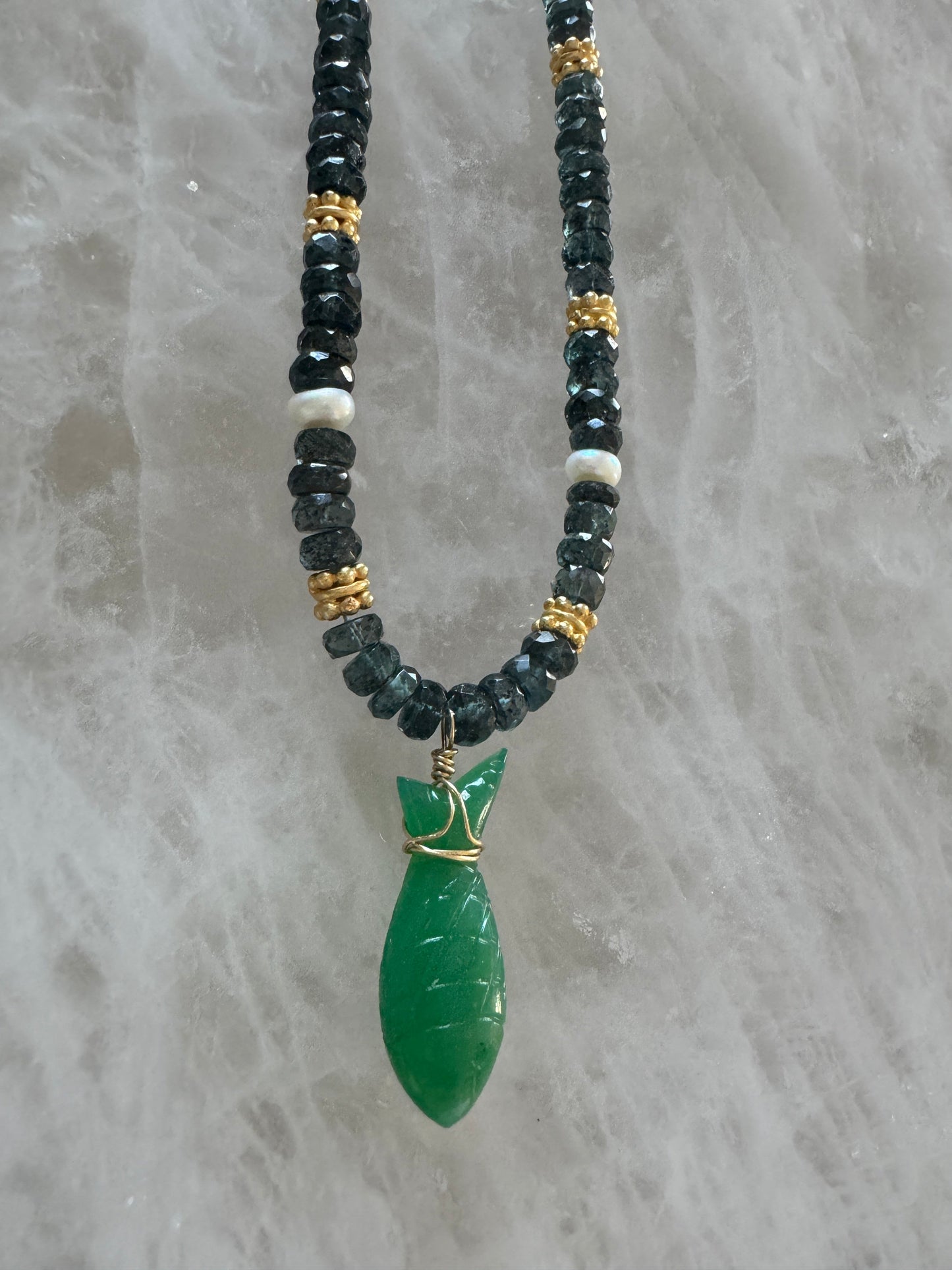 15in Indigo KYANITE & PEARL, Gold Vermeil, w Green ONYX Carved Fish Necklace