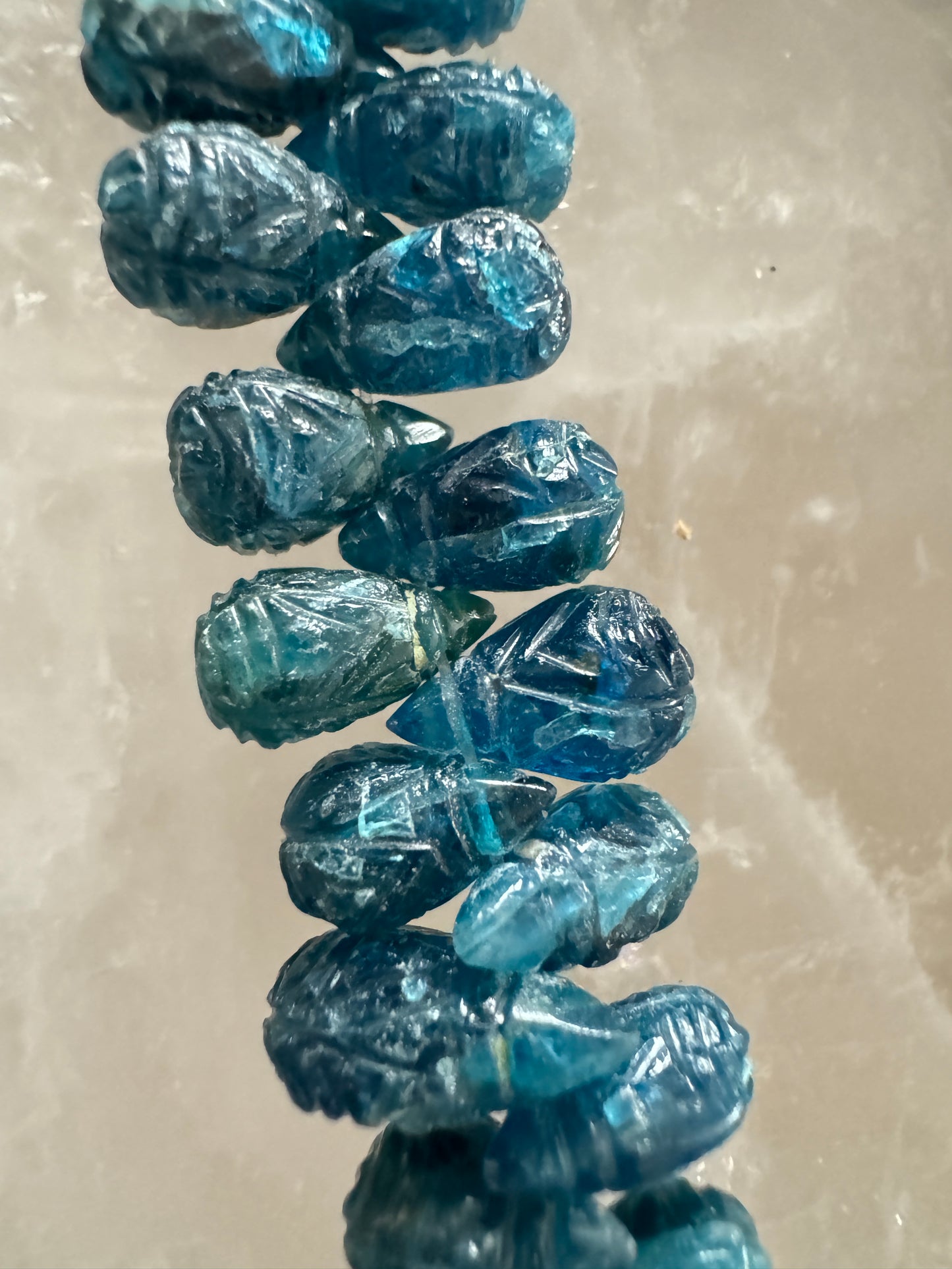 Carved Vintage Blue Apatite Gemstone Briolettes, Natural Blue