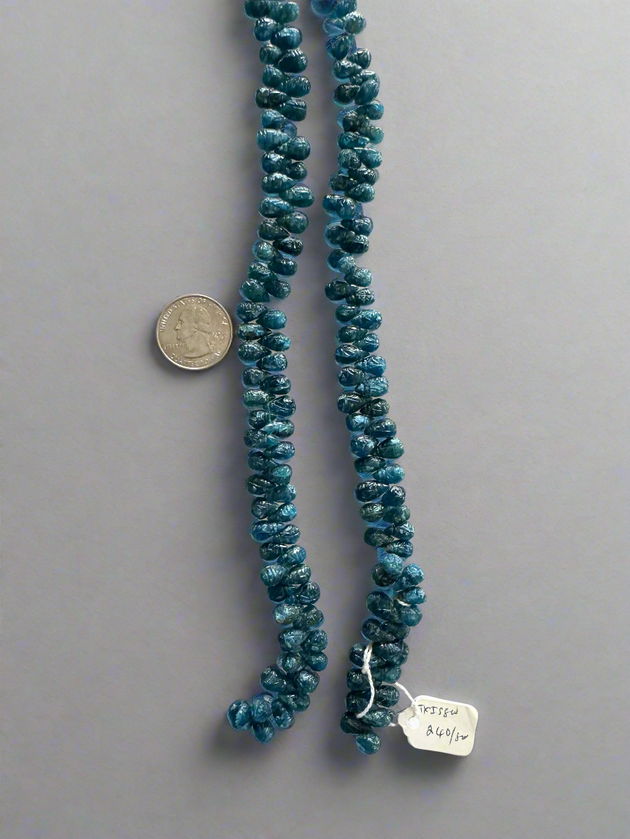 Carved Vintage Blue Apatite Gemstone Briolettes, Natural Blue