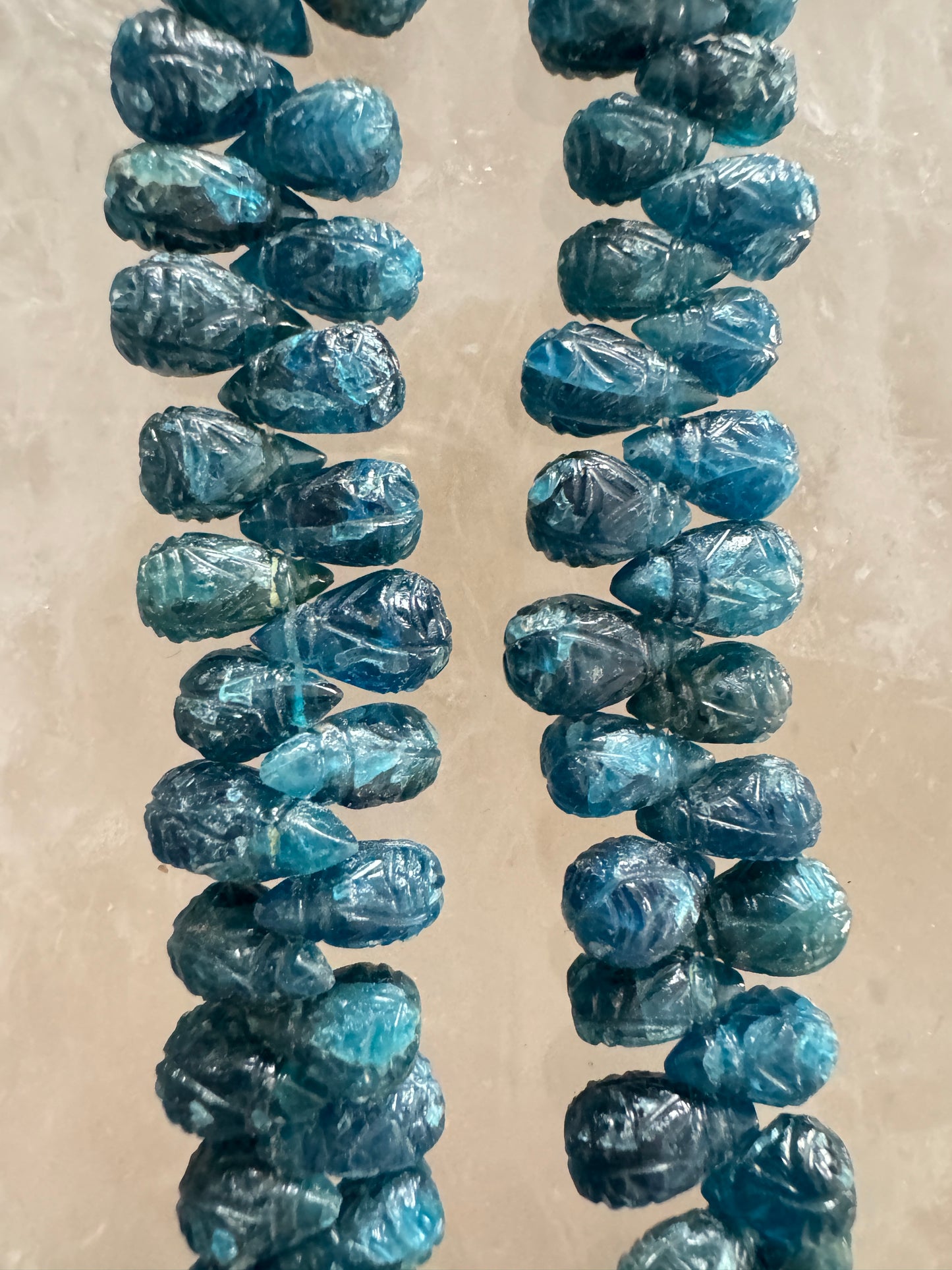 Carved Vintage Blue Apatite Gemstone Briolettes, Natural Blue