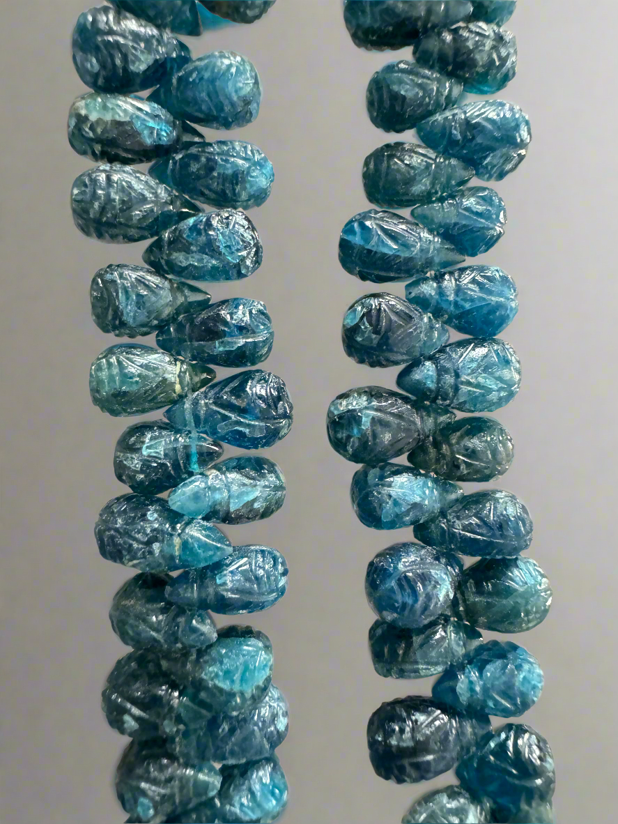 Carved Vintage Blue Apatite Gemstone Briolettes, Natural Blue