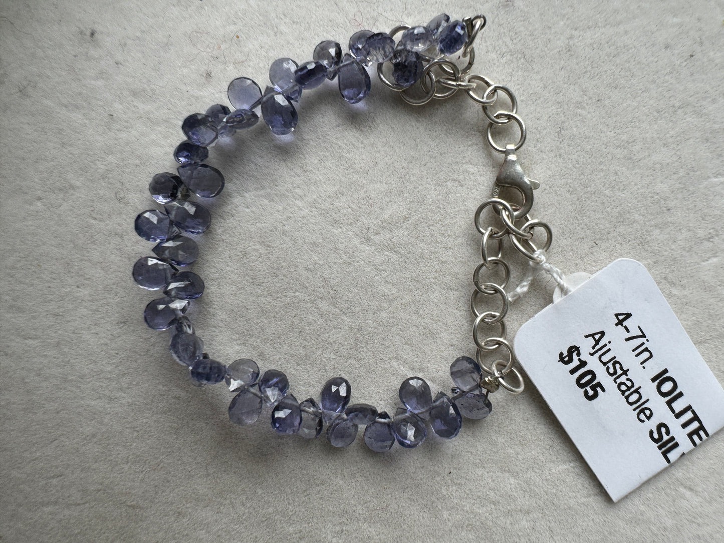 Natural Iolite Briolette Bracelet, Adj Silver