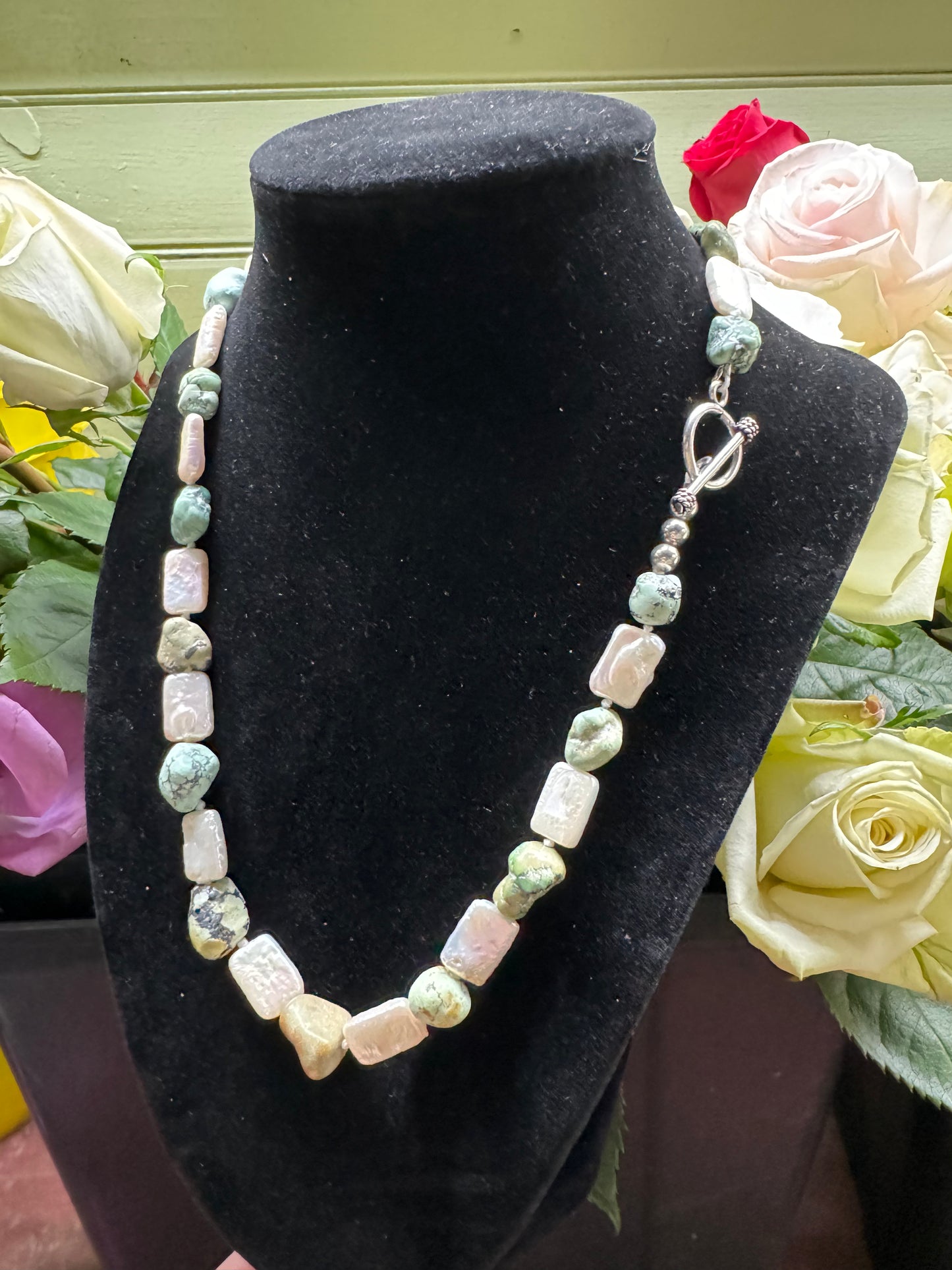 17in Arizona Turquoise, Pearl Knotted Necklace