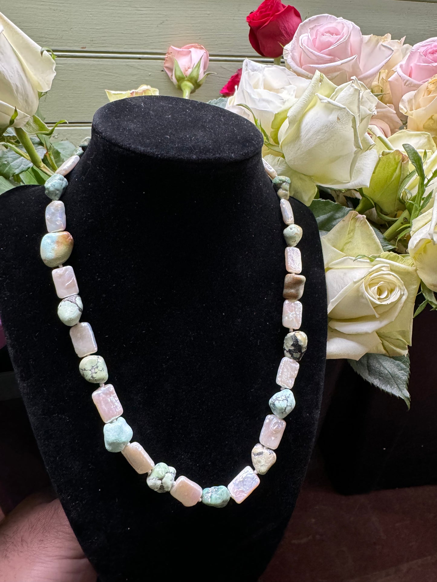 17in Arizona Turquoise, Pearl Knotted Necklace