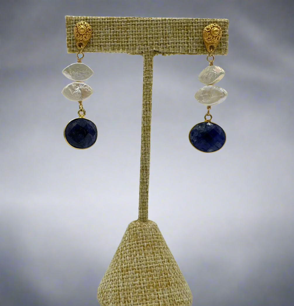 Gold Vermeil Pearl, Blue Sapphire Earrings