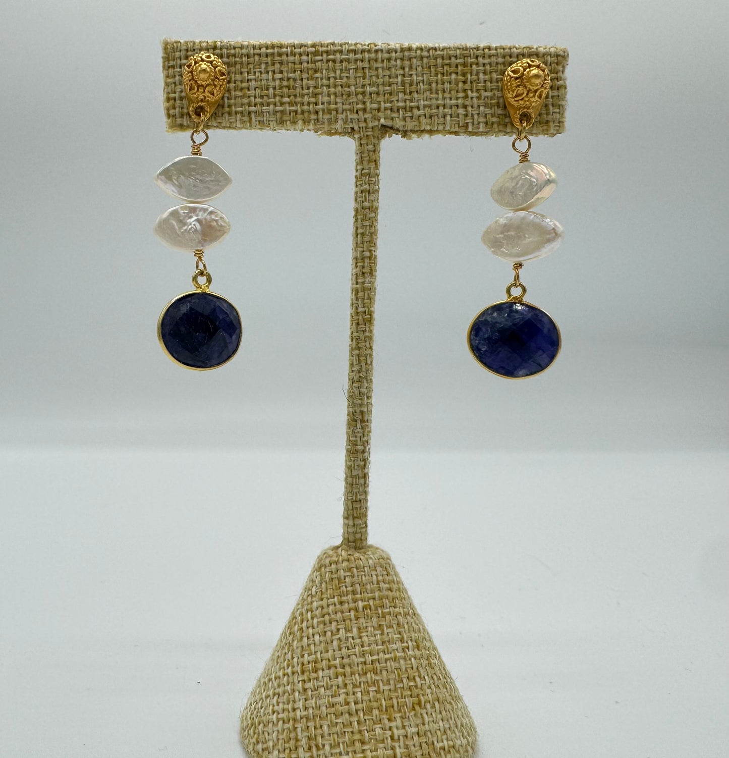 Gold Vermeil Pearl, Blue Sapphire Earrings
