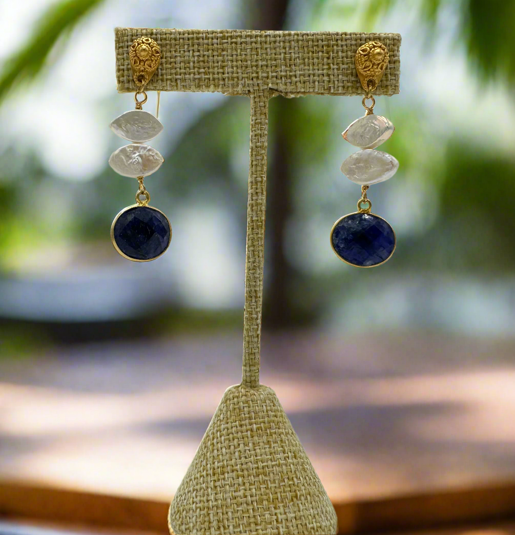 Gold Vermeil Pearl, Blue Sapphire Earrings