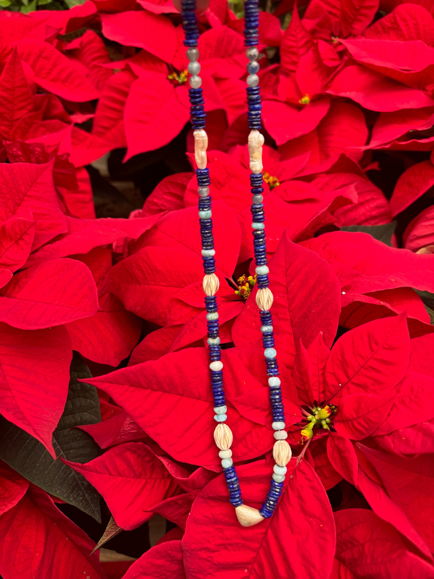 Lapis Lazuli, Larimar, Freshwater Pearl Hand-Knotted Necklace with Thai Silver Beads and Hardware