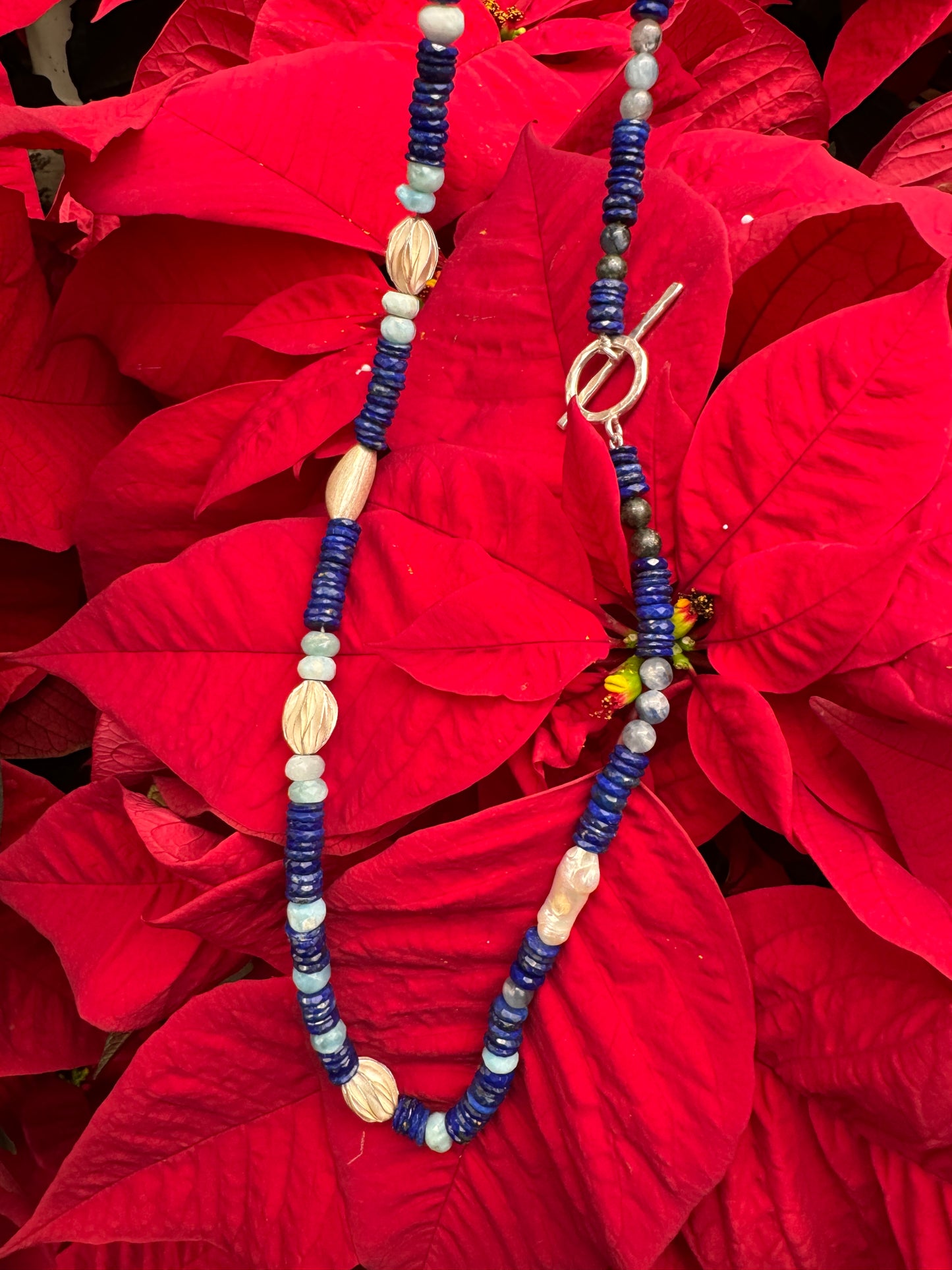 Lapis Lazuli, Larimar, Freshwater Pearl Hand-Knotted Necklace with Thai Silver Beads and Hardware
