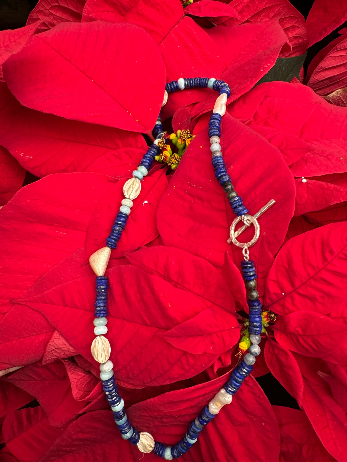 Lapis Lazuli, Larimar, Freshwater Pearl Hand-Knotted Necklace with Thai Silver Beads and Hardware