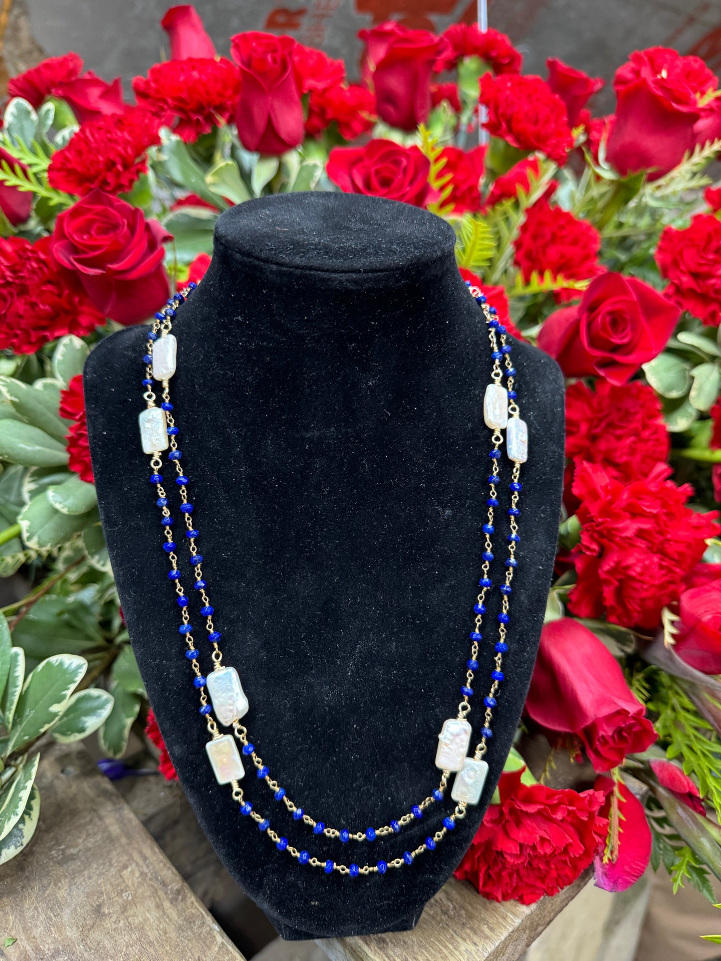 38in Lapis Lazuli, Pearl Connector Chain