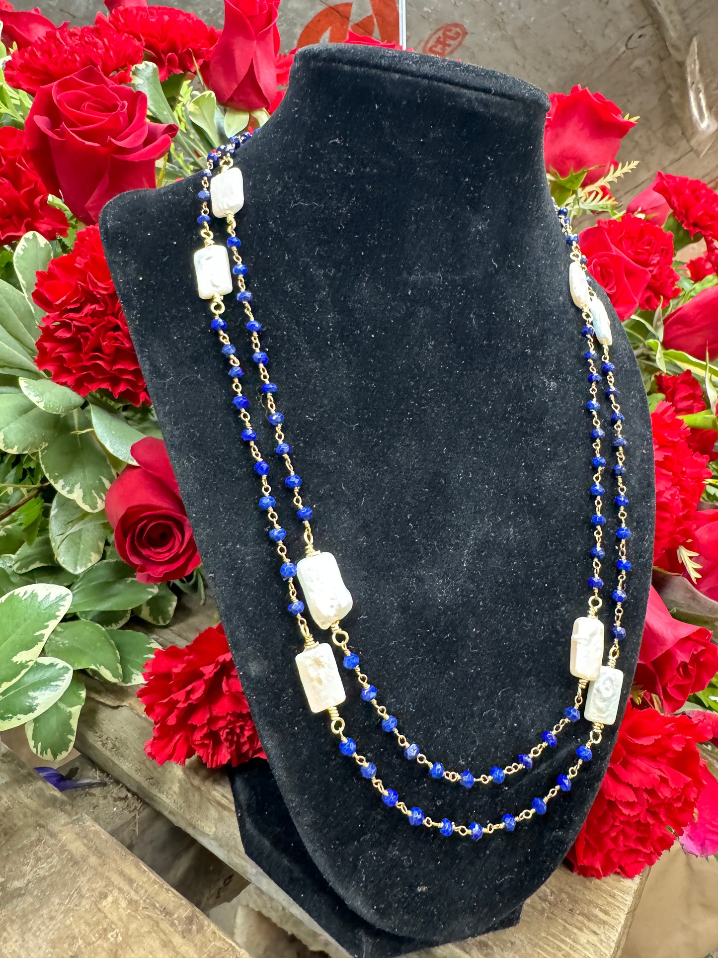 38in Lapis Lazuli, Pearl Connector Chain