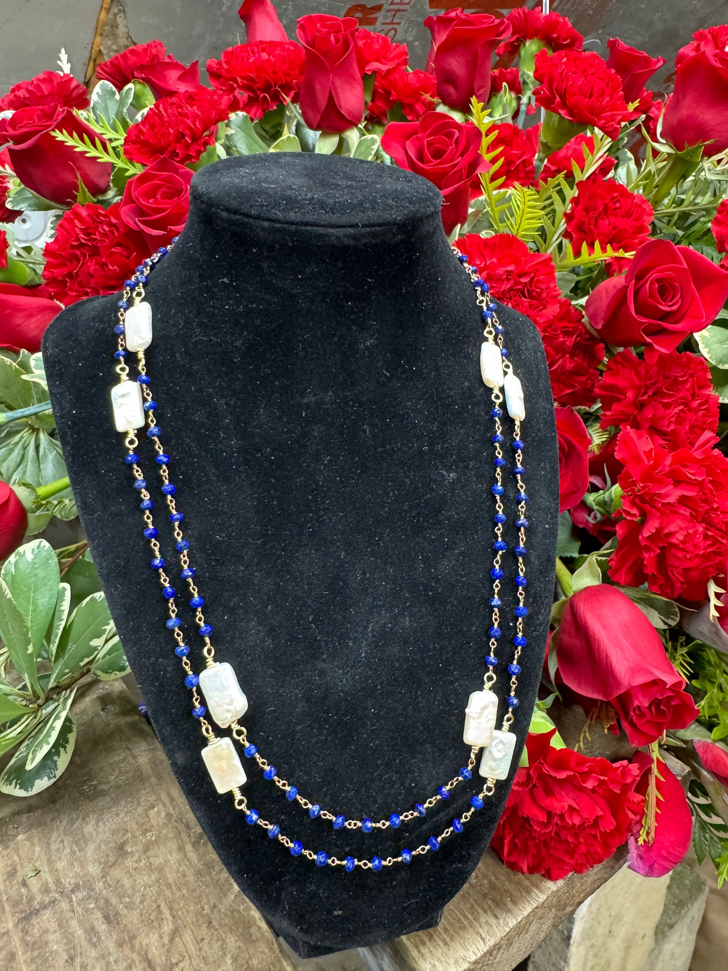 38in Lapis Lazuli, Pearl Connector Chain