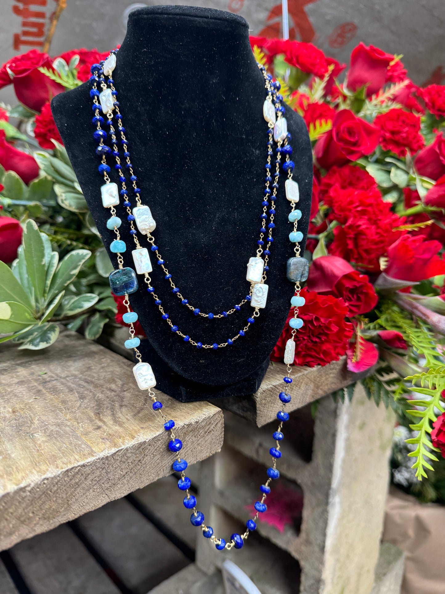 29in Lapis Lazuli, Pearl, Larimar Connector Necklace