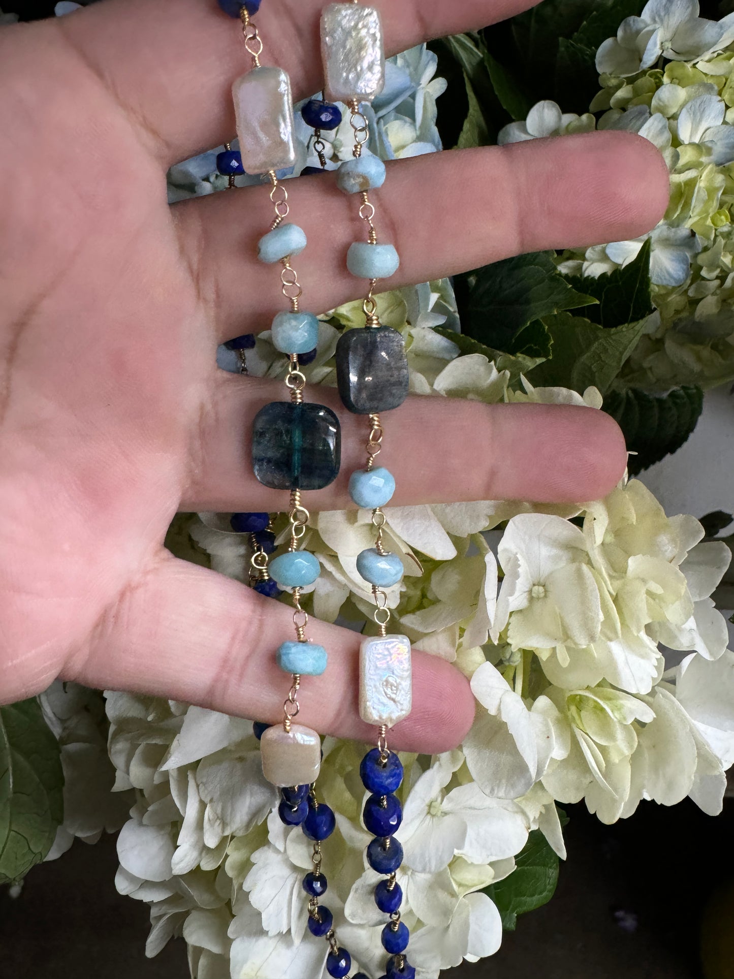 29in Lapis Lazuli, Pearl, Larimar Connector Necklace