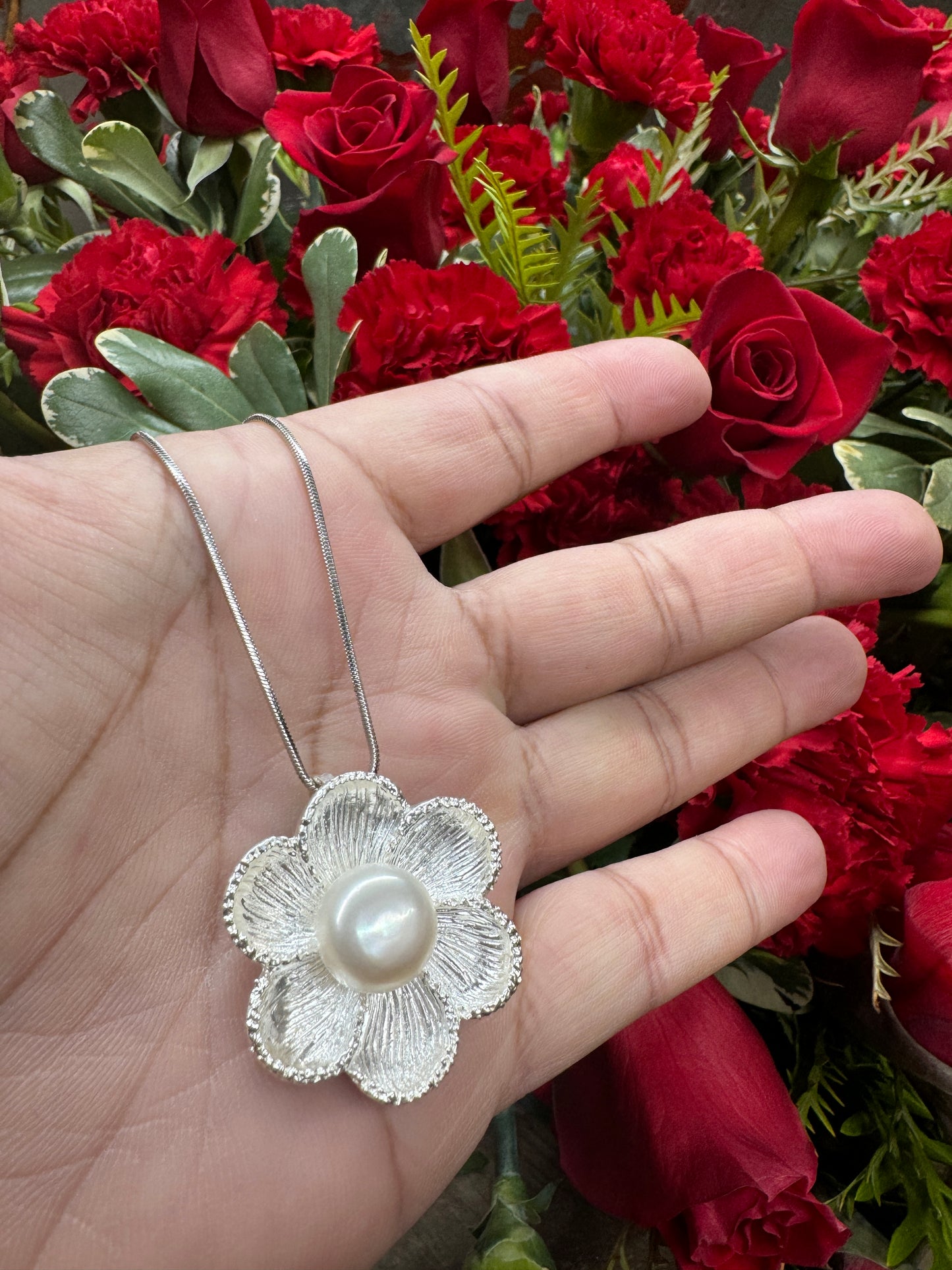 Pearl Sunflower Pendant, Silver