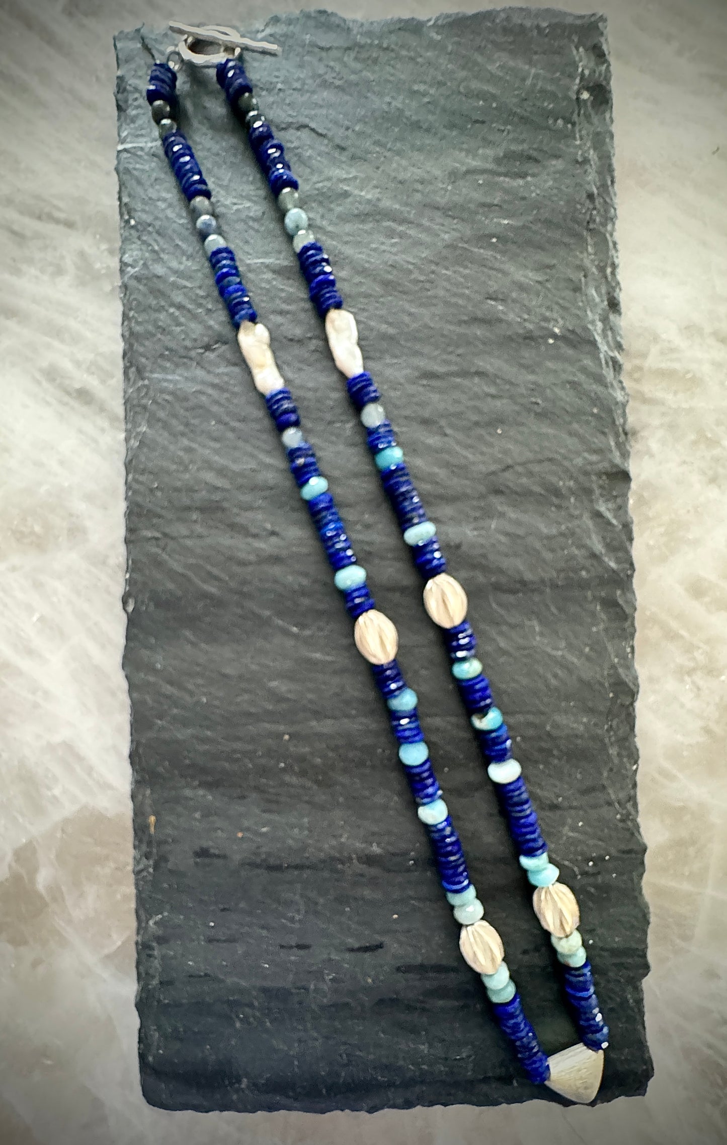 Lapis Lazuli, Larimar, Freshwater Pearl Hand-Knotted Necklace with Thai Silver Beads and Hardware