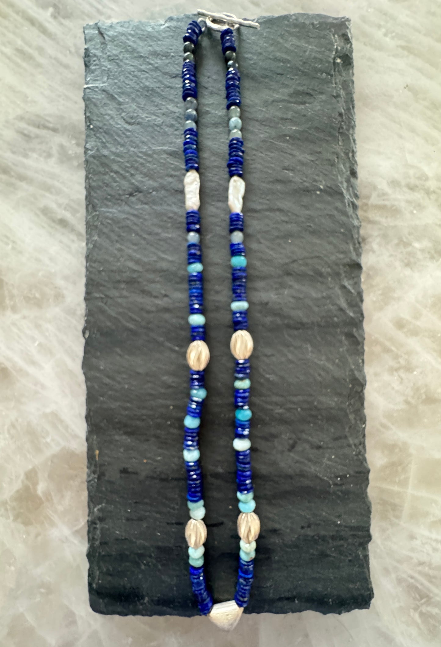 Lapis Lazuli, Larimar, Freshwater Pearl Hand-Knotted Necklace with Thai Silver Beads and Hardware