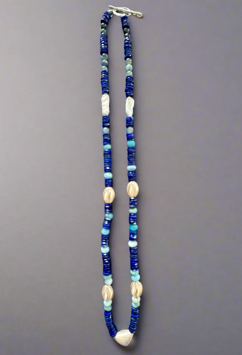 Lapis Lazuli, Larimar, Freshwater Pearl Hand-Knotted Necklace with Thai Silver Beads and Hardware