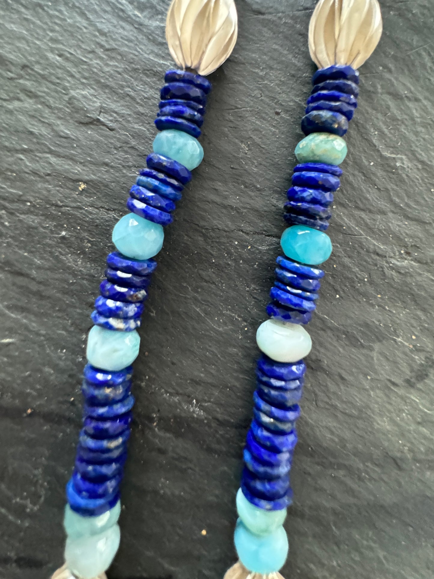 Lapis Lazuli, Larimar, Freshwater Pearl Hand-Knotted Necklace with Thai Silver Beads and Hardware